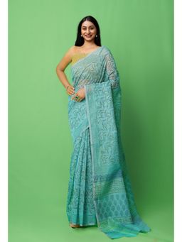 Unnati Silks - Green Block Printed Supernet Saree with Unstitched Blouse