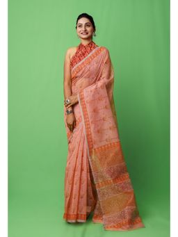 Unnati Silks - Peach Pink Block Printed Supernet Saree with Unstitched Blouse