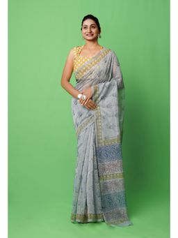 Unnati Silks - Grey Block Printed Supernet Saree with Unstitched Blouse