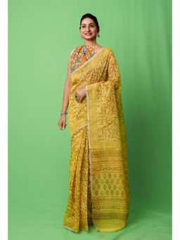Unnati Silks - Yellow Block Printed Supernet Saree with Unstitched Blouse