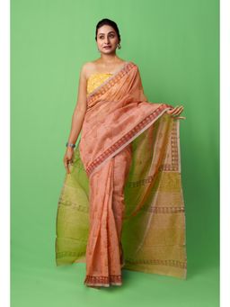 Unnati Silks - Peach Pink Block Printed Supernet Saree with Unstitched Blouse