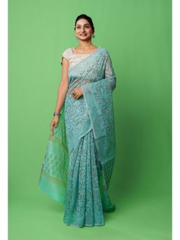 Unnati Silks - Green Block Printed Supernet Saree with Unstitched Blouse