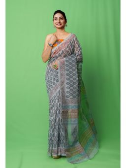 Unnati Silks - Grey Block Printed Supernet Saree with Unstitched Blouse