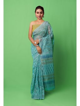 Unnati Silks - Green Block Printed Supernet Saree with Unstitched Blouse