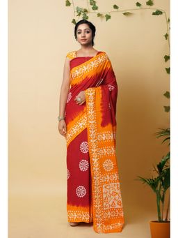 Unnati Silks - Red Pure Wax Batik Printed Superfine Mulmul Cotton Saree with Unstitched Blouse