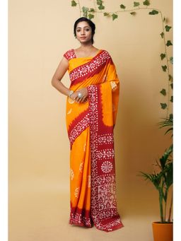 Unnati Silks - Yellow Pure Wax Batik Printed Superfine Mulmul Cotton Saree with Unstitched Blouse