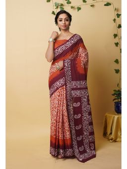 Unnati Silks - Brown Pure Wax Batik Printed Superfine Mulmul Cotton Saree with Unstitched Blouse