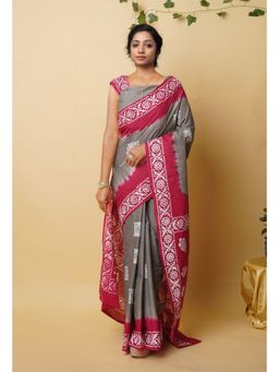 Unnati Silks - Grey Pure Wax Batik Printed Superfine Mulmul Cotton Saree with Unstitched Blouse