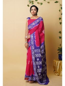 Unnati Silks - Pink Pure Wax Batik Printed Superfine Mulmul Cotton Saree with Unstitched Blouse
