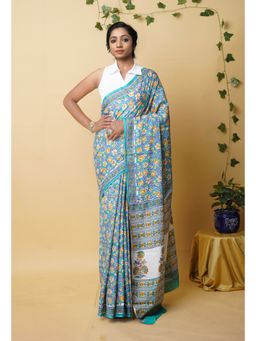 Unnati Silks - Green Pure Rapid Printed Superfine Mulmul Cotton Saree with Unstitched Blouse