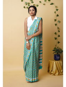 Unnati Silks - Green Pure Rapid Printed Superfine Mulmul Cotton Saree with Unstitched Blouse