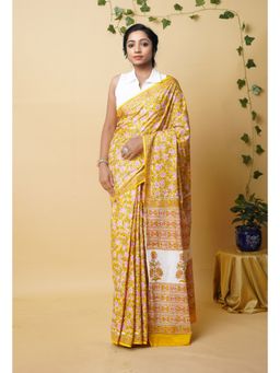 Unnati Silks - Yellow Pure Rapid Printed Superfine Mulmul Cotton Saree with Unstitched Blouse