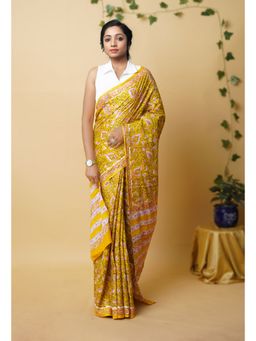 Unnati Silks - Yellow Pure Rapid Printed Superfine Mulmul Cotton Saree with Unstitched Blouse