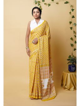 Unnati Silks - Yellow Pure Rapid Printed Superfine Mulmul Cotton Saree with Unstitched Blouse