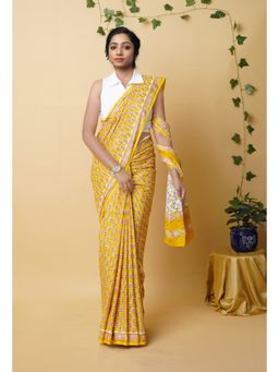 Unnati Silks - Yellow Pure Rapid Printed Superfine Mulmul Cotton Saree with Unstitched Blouse