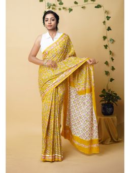 Unnati Silks - Yellow Pure Rapid Printed Superfine Mulmul Cotton Saree with Unstitched Blouse