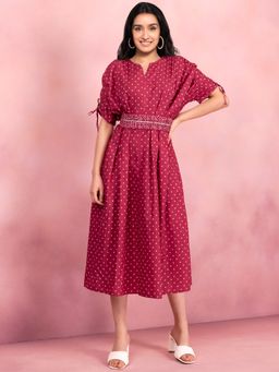 Indya - Maroon Bandhani Pleated Belted A-line Kurta (Set of 2)