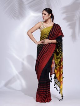 CHARUKRITI - Black Pure Cotton Handwoven Saree with Stripe Border with Unstitched Blouse