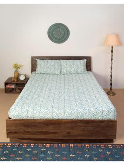 Fabindia - Blue Cotton Printed Double Bed Sheet With 2 Pillow Cover
