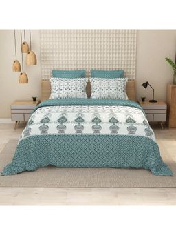 LABHAM - 152TC Pure Cotton Teal King Size Printed Flat Covers Bedsheet with 2 Pillow