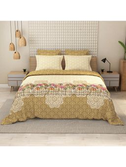LABHAM - 152TC Pure Cotton Mustard King Size Printed Flat Bedsheet with 2 Pillow Covers