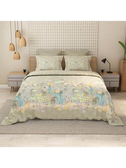 LABHAM - 152TC Pure Cotton Green King Size Printed Flat Bedsheet with 2 Pillow Covers