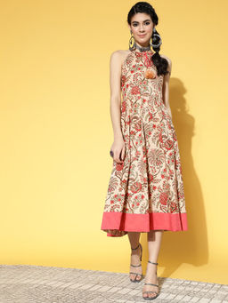 Yufta - Beige & Pink Mugal Floral Jaal Printed Pure Cotton Fit & Flare Dress
