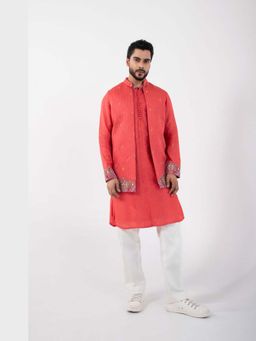 SMRITI - Coral Red Kurta with Pant and Nehru Jacket