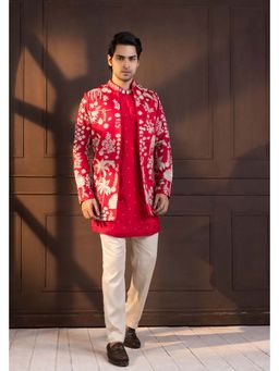 SMRITI - Red Embroidered Nehru Jacket With Kurta And Pant