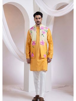 SMRITI - Mustard Line Kurta With Blossom Nehru Jacket And Pant