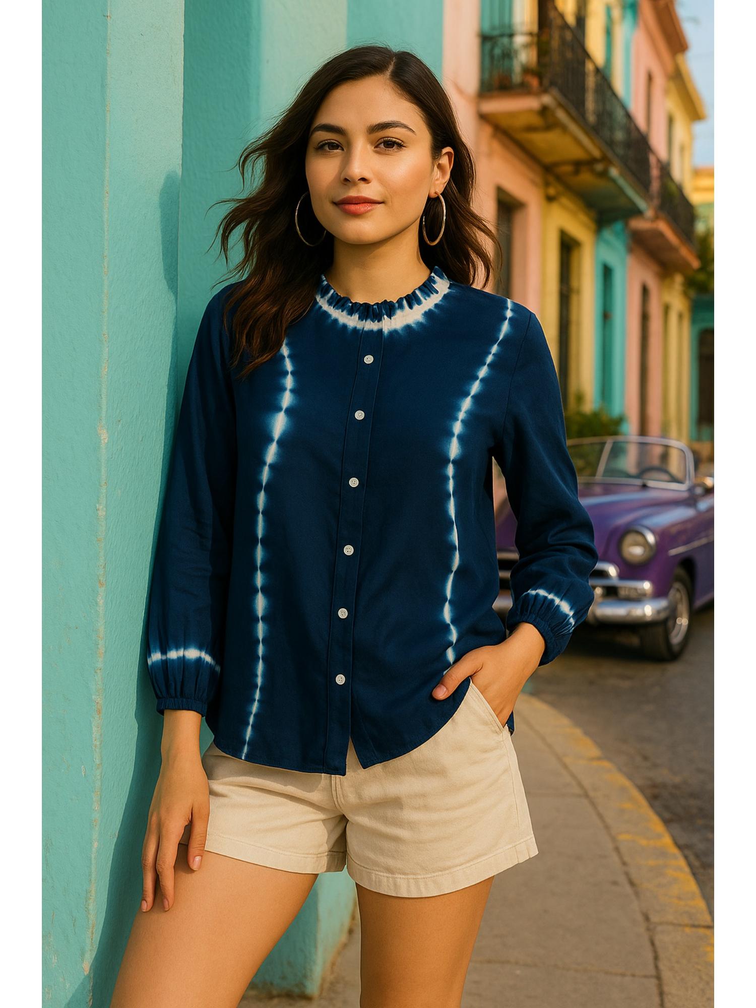 Women Navy Blue Tie & Dye Viscose Rayon Shirt-image-34