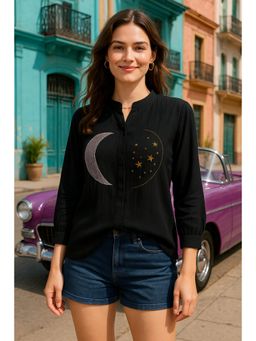 Maaesa - Women Black Embroidered Viscose Rayon Shirt