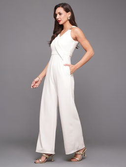 Miss Chase - Womens Off-White V-Neck Sleeveless Solid Wrap Polyester Jumpsuit