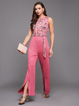 Miss Chase - Women's Pink Round Neck Sleeveless All That Glitter Straight Leg Jumpsuit