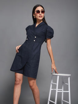 Miss Chase - Women's Navy Blue Half-Sleeve Overlapped Knee-Long Playsuit
