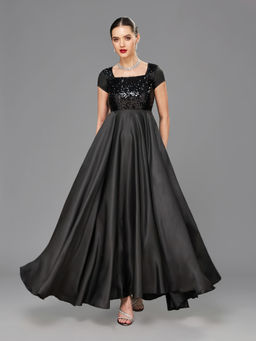 Miss Chase - Womens Black Square Neck Embellished Polyester Fit and Flare Maxi Dress