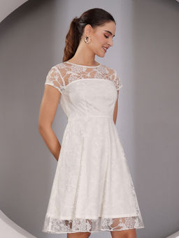 Miss Chase - Womens White Self-Designed Skater Mini Dress