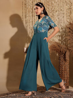 Miss Chase - Womens Dusty Turquoise Half Sleeve Regular-Length Solid Fusion Jumpsuit