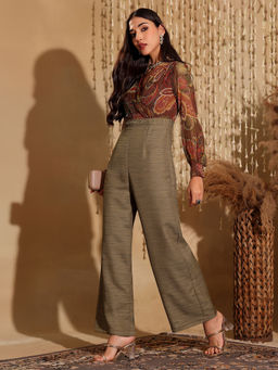 Miss Chase - Womens Grey Bishop Sleeve Bohemian Patterned Fusion Jumpsuit