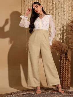 Miss Chase - Womens Off White and Beige V-Neck Regular-Length Polyester Fusion Jumpsuit