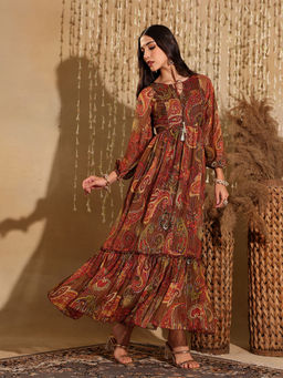 Miss Chase - Women's Multicolored-Base-Brown Relaxed Fit Maxi Chiffon Ethnic Dress