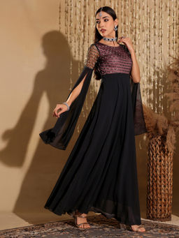 Miss Chase - Women's Black & Lavender Relaxed Fit Maxi Georgette & Sequins Ethnic Dress