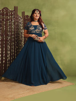 Miss Chase - A+ Curve Collection Plus Size Women's Teal Georgette Ethnic Dress