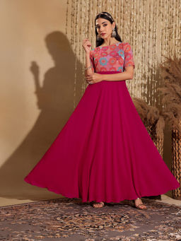 Miss Chase - Women's Dark Pink Fit and Flare Georgette Ethnic Dress