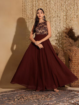 Miss Chase - Women's Maroon Georgette Fit and Flare Fusion Ethnic Dress