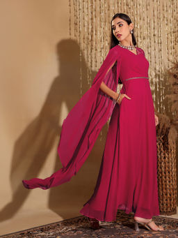 Miss Chase - Women's Dark Pink V-Neck Self-Designed Fusion Maxi Ethnic Dress