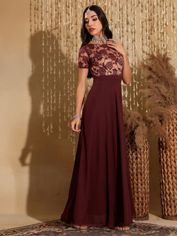 Miss Chase - Women's Maroon Relaxed Fit Regular Georgette Fusion Ethnic Dress