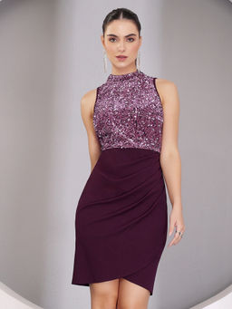 Miss Chase - Womens Dark Purple Halter Neck Sleeveless Dress