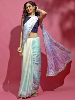 Navyasa By Liva - Blue Satin Printed Saree with Unstitched Blouse