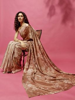Navyasa By Liva - Brown Satin Floral Print Saree with Unstitched Blouse